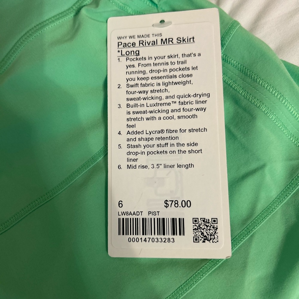 Lululemon Pace Rival Skort size 6 Long NWT